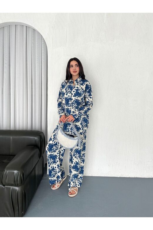 Beli Lastikli  Desenli Modal Kumaş Geniş Paça Gömlekli Takım