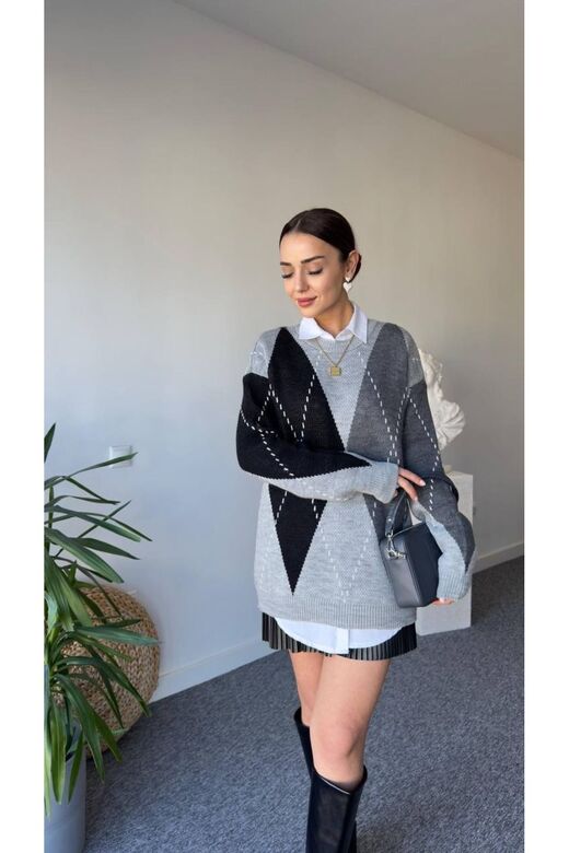 Oversize Baklava Desenli Triko Kazak