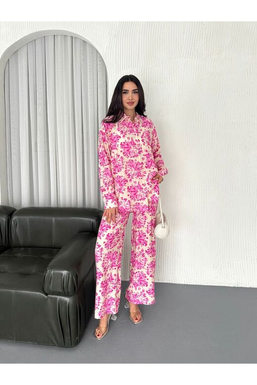 Beli Lastikli  Desenli Modal Kumaş Geniş Paça Gömlekli Takım
