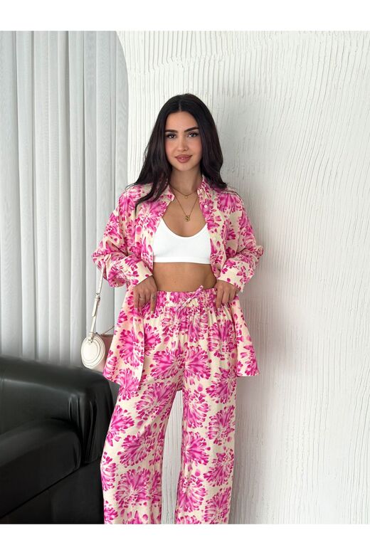 Beli Lastikli  Desenli Modal Kumaş Geniş Paça Gömlekli Takım