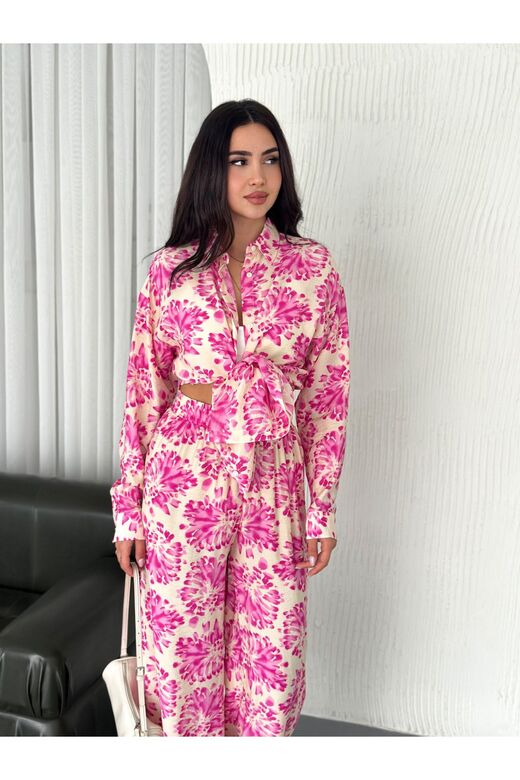 Beli Lastikli  Desenli Modal Kumaş Geniş Paça Gömlekli Takım