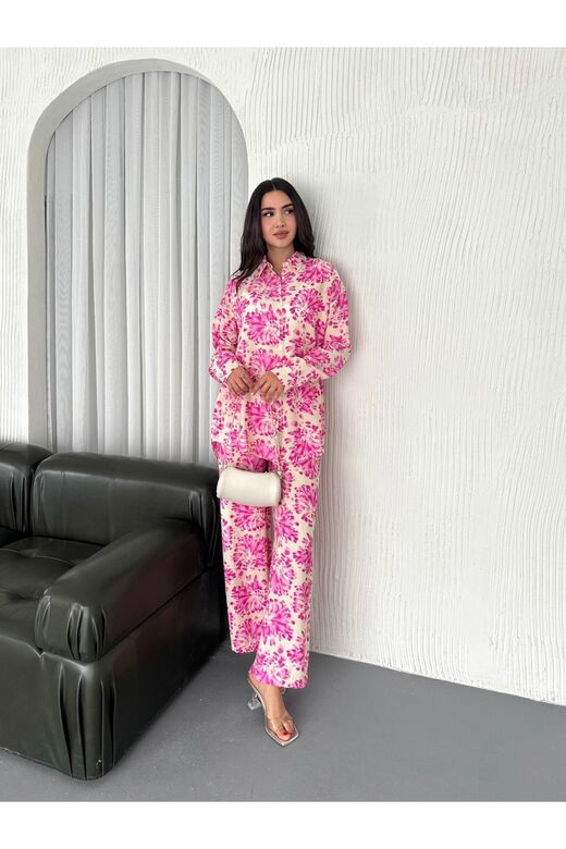 Beli Lastikli  Desenli Modal Kumaş Geniş Paça Gömlekli Takım