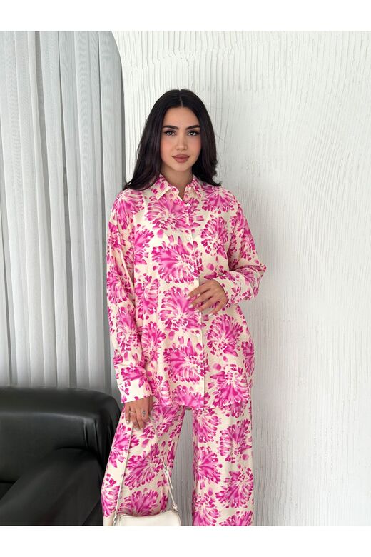 Beli Lastikli  Desenli Modal Kumaş Geniş Paça Gömlekli Takım