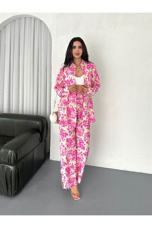 Beli Lastikli  Desenli Modal Kumaş Geniş Paça Gömlekli Takım