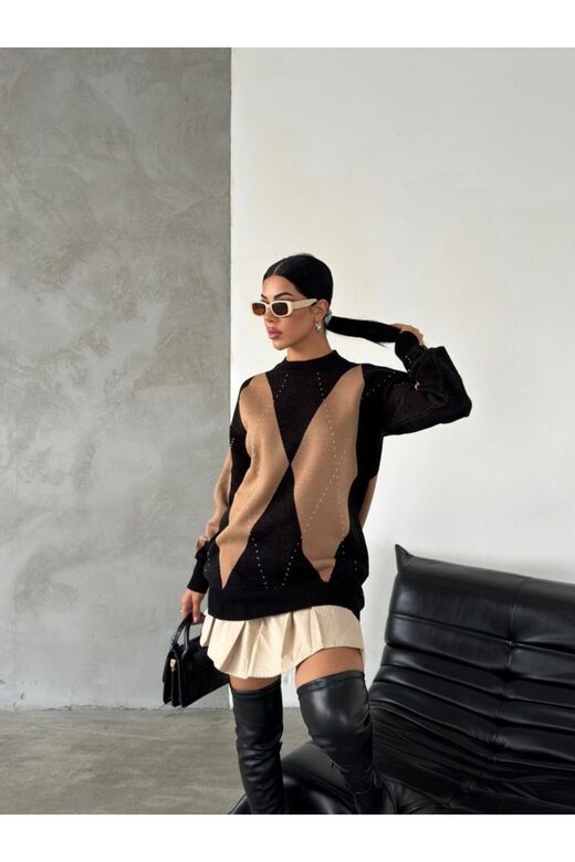 Oversize Baklava Desenli Triko Kazak