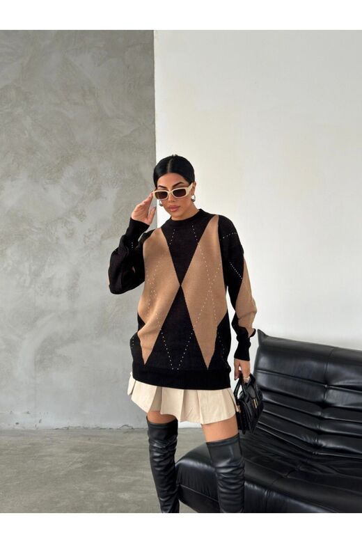 Oversize Baklava Desenli Triko Kazak