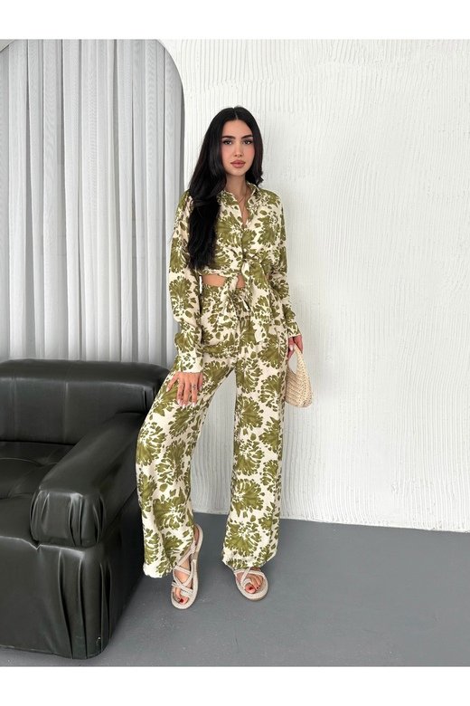 BELİ LASTİKLİ  DESENLİ MODAL KUMAŞ GENİŞ PAÇA GÖMLEKLİ TAKIM