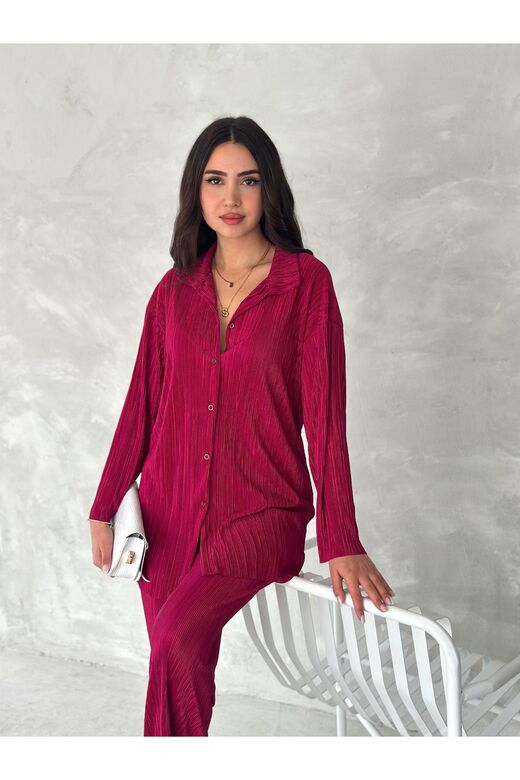 Piliseli Kumaş Beli Lastikli Rahat Kalıp Geniş Paça Pantolun Gömlekli Takım