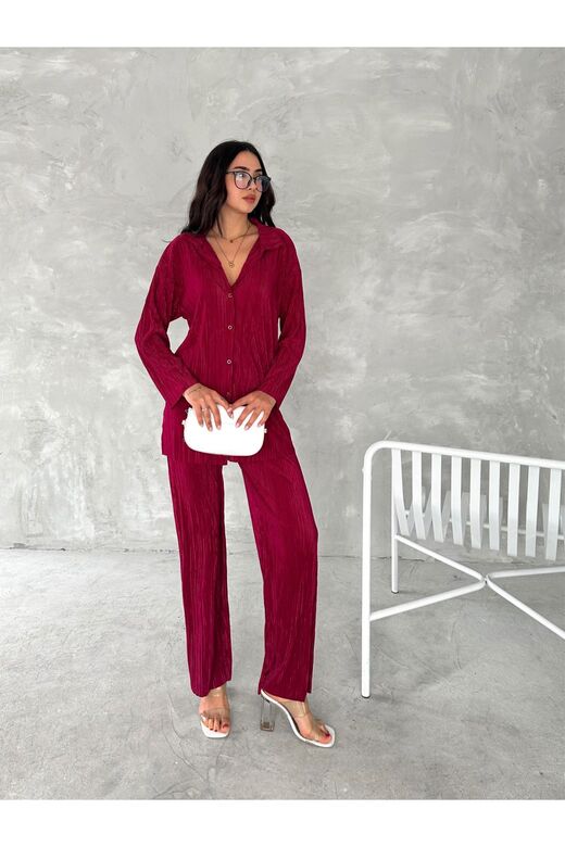 Piliseli Kumaş Beli Lastikli Rahat Kalıp Geniş Paça Pantolun Gömlekli Takım