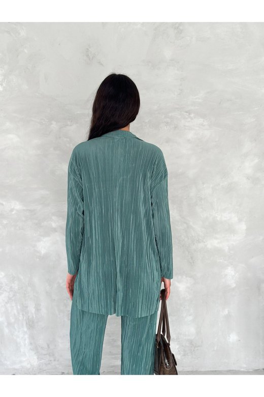 PİLİSELİ KUMAŞ BELİ LASTİKLİ RAHAT KALIP GENİŞ PAÇA PANTOLUN GÖMLEKLİ TAKIM