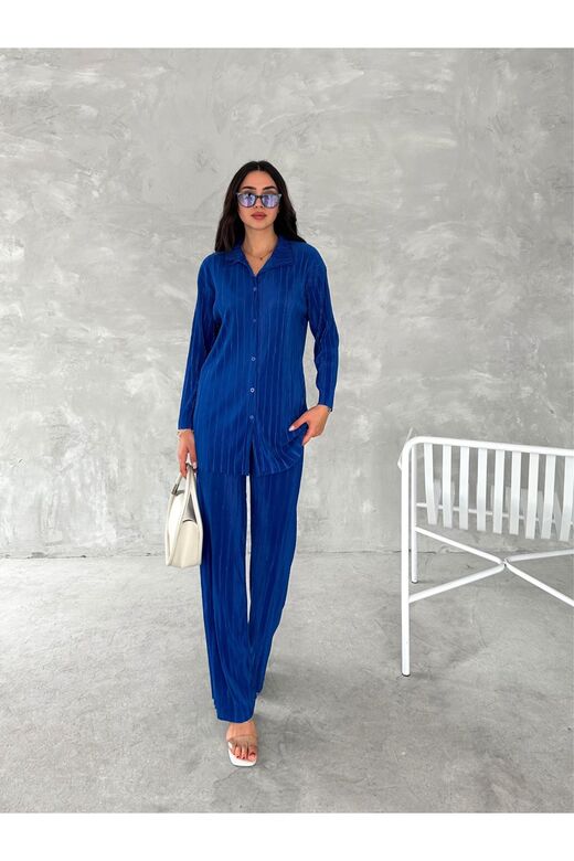 Piliseli Kumaş Beli Lastikli Rahat Kalıp Geniş Paça Pantolun Gömlekli Takım