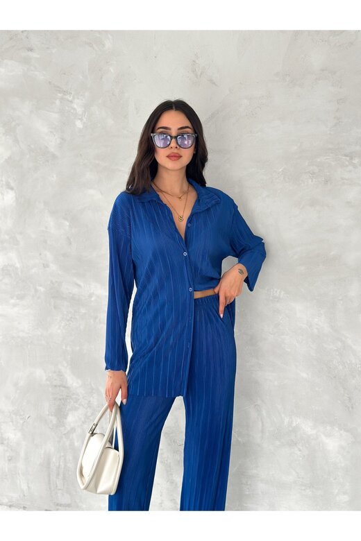 PİLİSELİ KUMAŞ BELİ LASTİKLİ RAHAT KALIP GENİŞ PAÇA PANTOLUN GÖMLEKLİ TAKIM