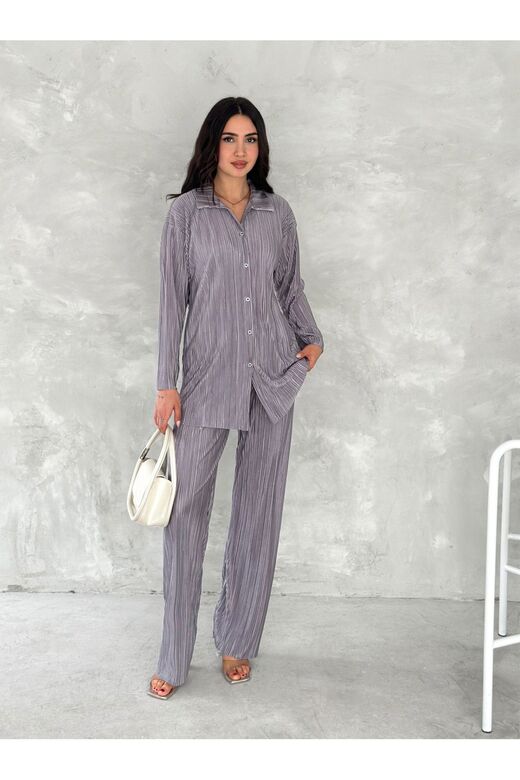 Piliseli Kumaş Beli Lastikli Rahat Kalıp Geniş Paça Pantolun Gömlekli Takım