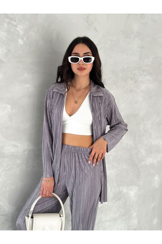 Piliseli Kumaş Beli Lastikli Rahat Kalıp Geniş Paça Pantolun Gömlekli Takım