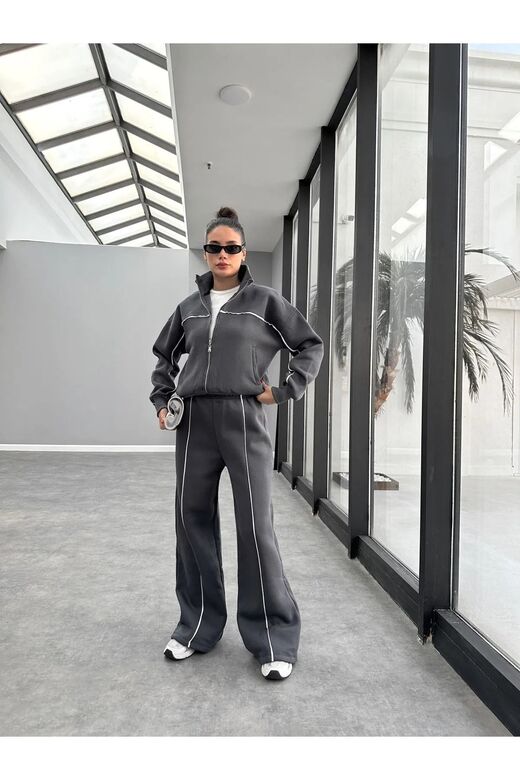 Biyeli Geniş Paça  3 İplik Şardonlu Oversize Fermuarlı Eşofman Takım