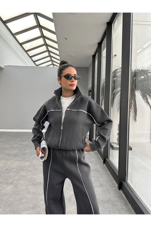 Biyeli Geniş Paça  3 İplik Şardonlu Oversize Fermuarlı Eşofman Takım