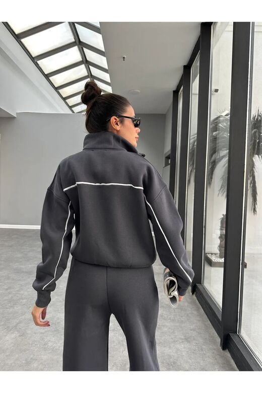 Biyeli Geniş Paça  3 İplik Şardonlu Oversize Fermuarlı Eşofman Takım