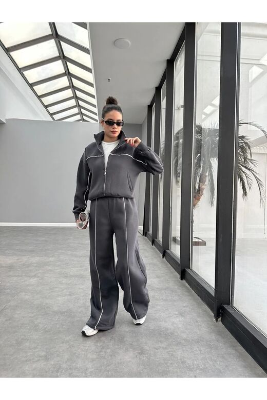 Biyeli Geniş Paça  3 İplik Şardonlu Oversize Fermuarlı Eşofman Takım