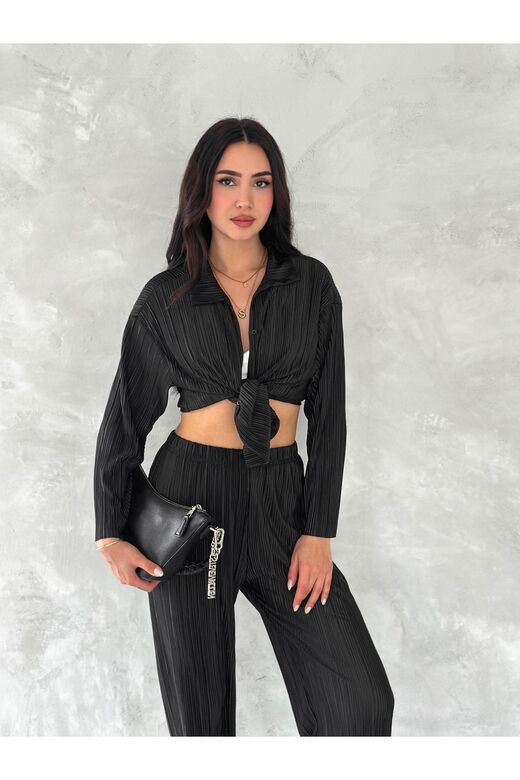 Piliseli Kumaş Beli Lastikli Rahat Kalıp Geniş Paça Pantolun Gömlekli Takım