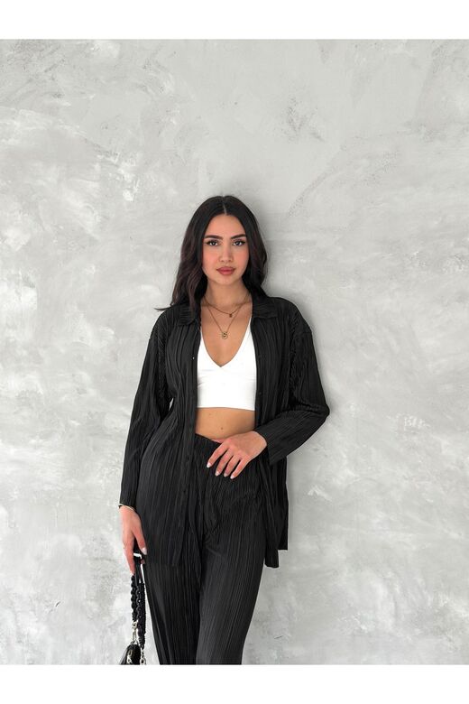 Piliseli Kumaş Beli Lastikli Rahat Kalıp Geniş Paça Pantolun Gömlekli Takım