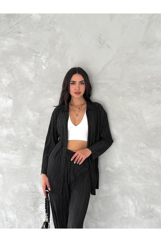 PİLİSELİ KUMAŞ BELİ LASTİKLİ RAHAT KALIP GENİŞ PAÇA PANTOLUN GÖMLEKLİ TAKIM
