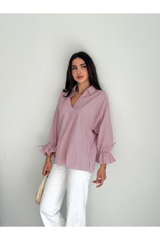 BLUZ GÖMLEK KOLU BAĞLAMALI ÇİZGİ DESENLİ TERİCOTTON KUMAŞ GÖMLEK