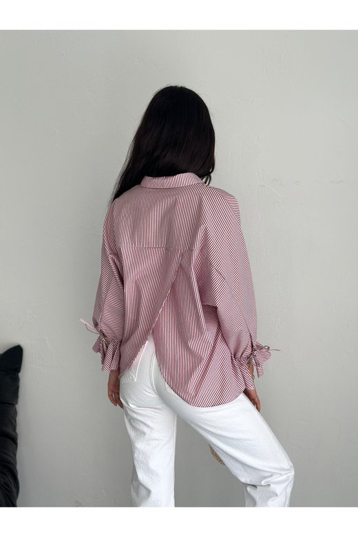 BLUZ GÖMLEK KOLU BAĞLAMALI ÇİZGİ DESENLİ TERİCOTTON KUMAŞ GÖMLEK