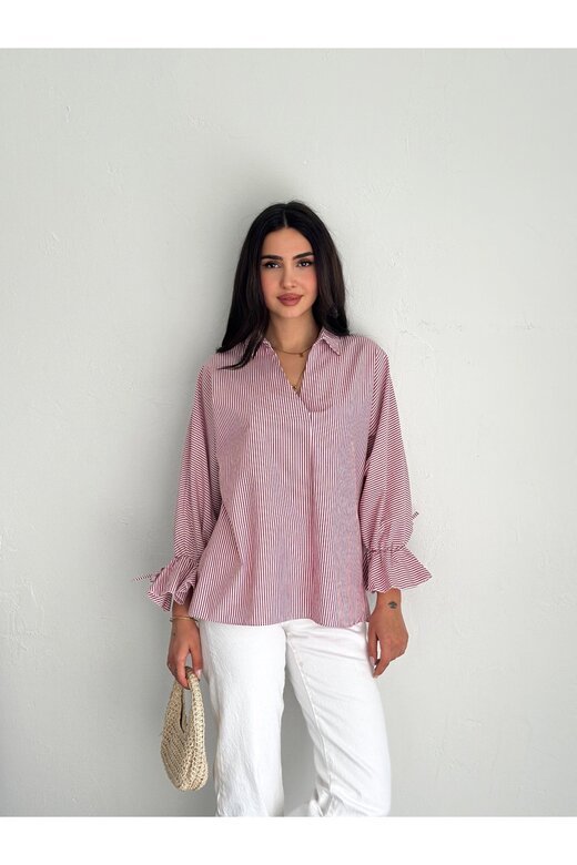 BLUZ GÖMLEK KOLU BAĞLAMALI ÇİZGİ DESENLİ TERİCOTTON KUMAŞ GÖMLEK