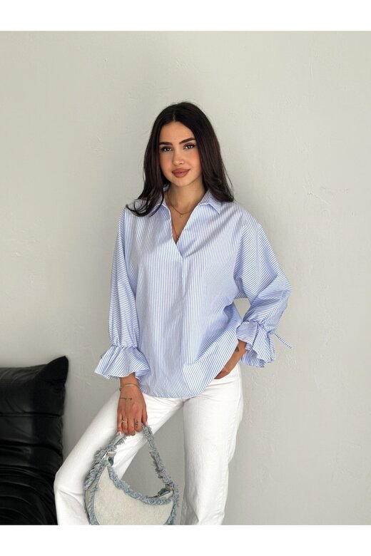 BLUZ GÖMLEK KOLU BAĞLAMALI ÇİZGİ DESENLİ TERİCOTTON KUMAŞ GÖMLEK