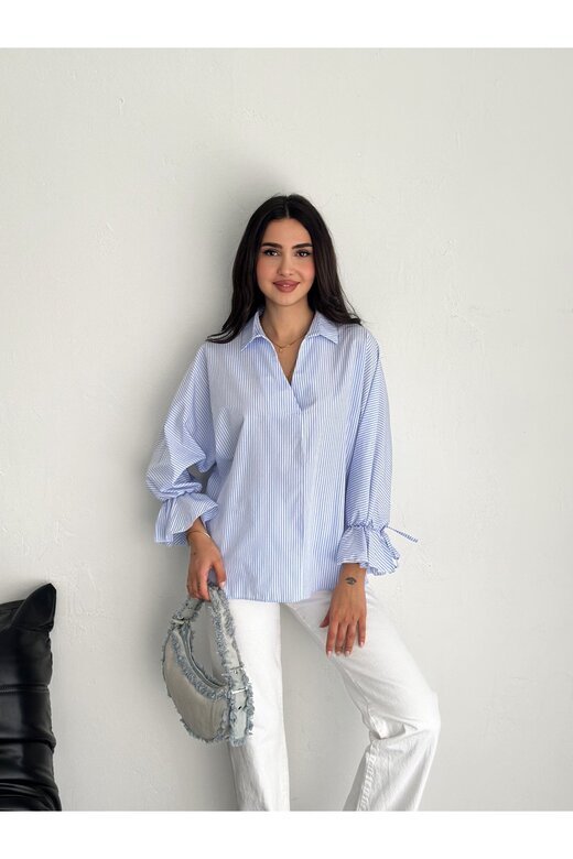 BLUZ GÖMLEK KOLU BAĞLAMALI ÇİZGİ DESENLİ TERİCOTTON KUMAŞ GÖMLEK