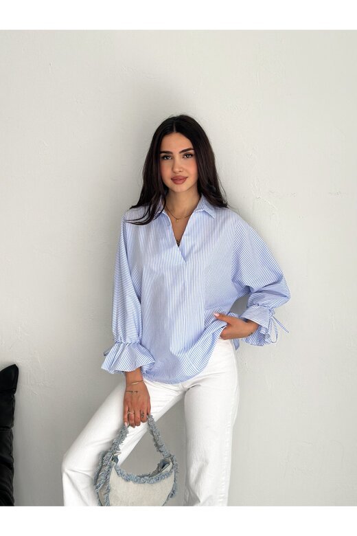 BLUZ GÖMLEK KOLU BAĞLAMALI ÇİZGİ DESENLİ TERİCOTTON KUMAŞ GÖMLEK