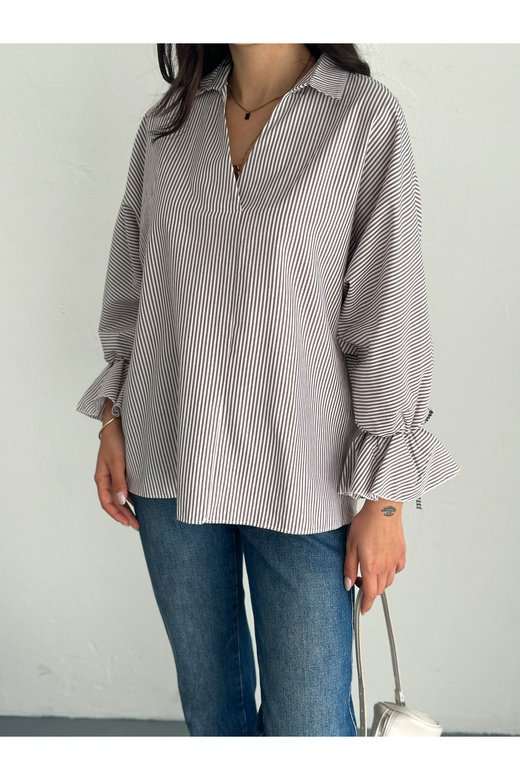 BLUZ GÖMLEK KOLU BAĞLAMALI ÇİZGİ DESENLİ TERİCOTTON KUMAŞ GÖMLEK