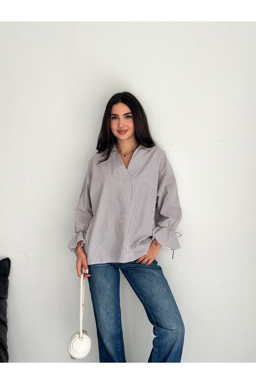 BLUZ GÖMLEK KOLU BAĞLAMALI ÇİZGİ DESENLİ TERİCOTTON KUMAŞ GÖMLEK
