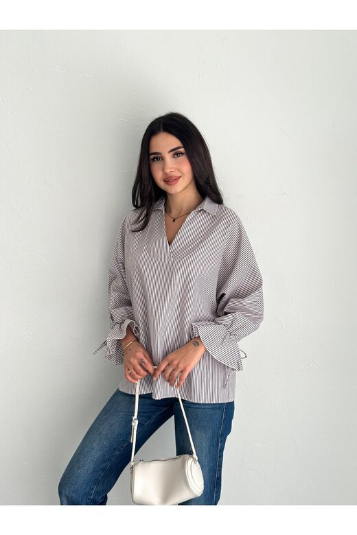 BLUZ GÖMLEK KOLU BAĞLAMALI ÇİZGİ DESENLİ TERİCOTTON KUMAŞ GÖMLEK
