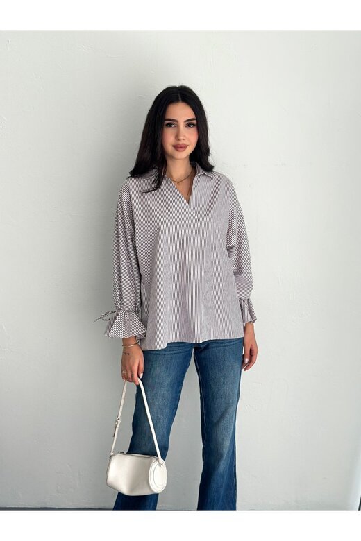 BLUZ GÖMLEK KOLU BAĞLAMALI ÇİZGİ DESENLİ TERİCOTTON KUMAŞ GÖMLEK