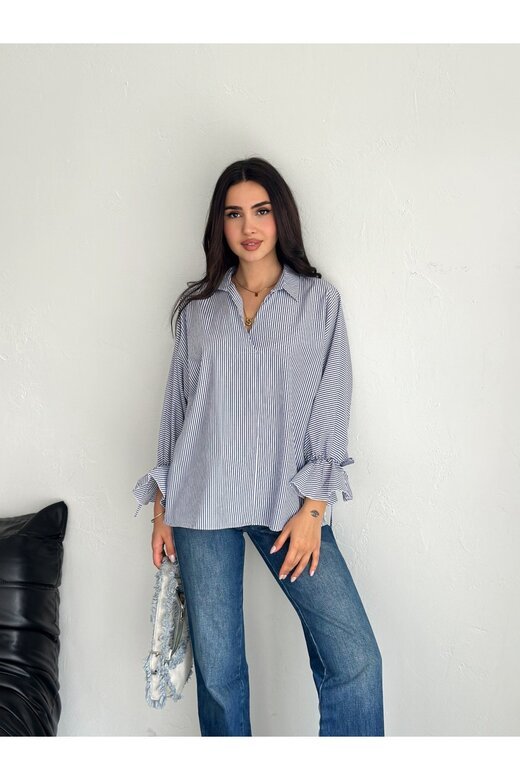 BLUZ GÖMLEK KOLU BAĞLAMALI ÇİZGİ DESENLİ TERİCOTTON KUMAŞ GÖMLEK