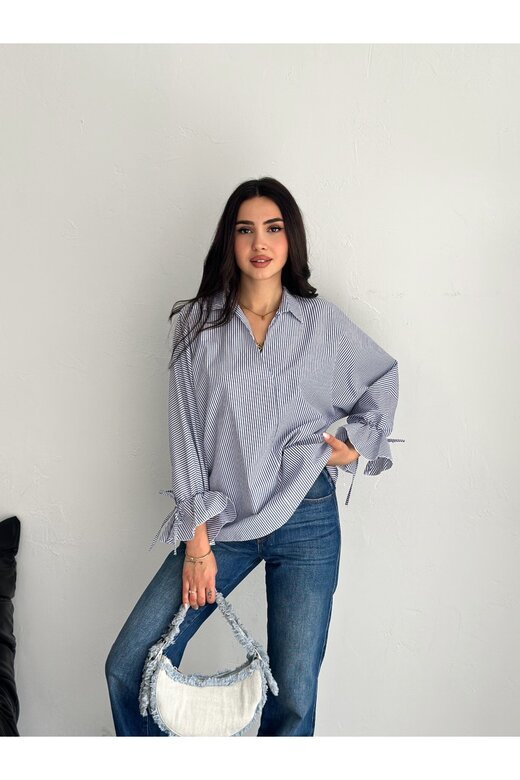 BLUZ GÖMLEK KOLU BAĞLAMALI ÇİZGİ DESENLİ TERİCOTTON KUMAŞ GÖMLEK