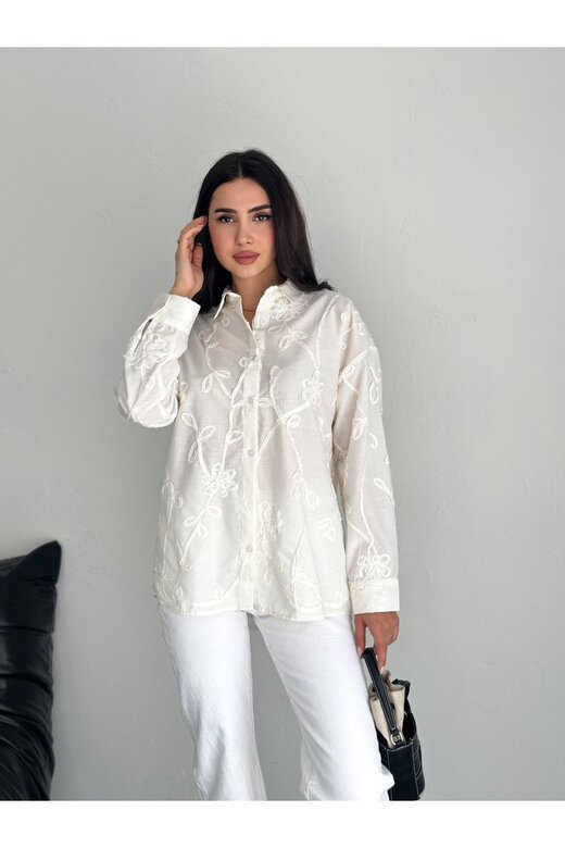 NAKIŞLI ÇİÇEKLİ HAM KETEN GÖMLEK