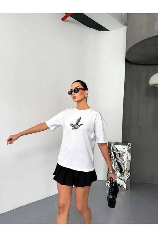 Kuş Detaylı Nakışlı Oversize  Suprem Penye  T-Shirt