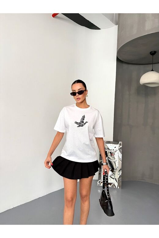 Kuş Detaylı Nakışlı Oversize  Suprem Penye  T-Shirt
