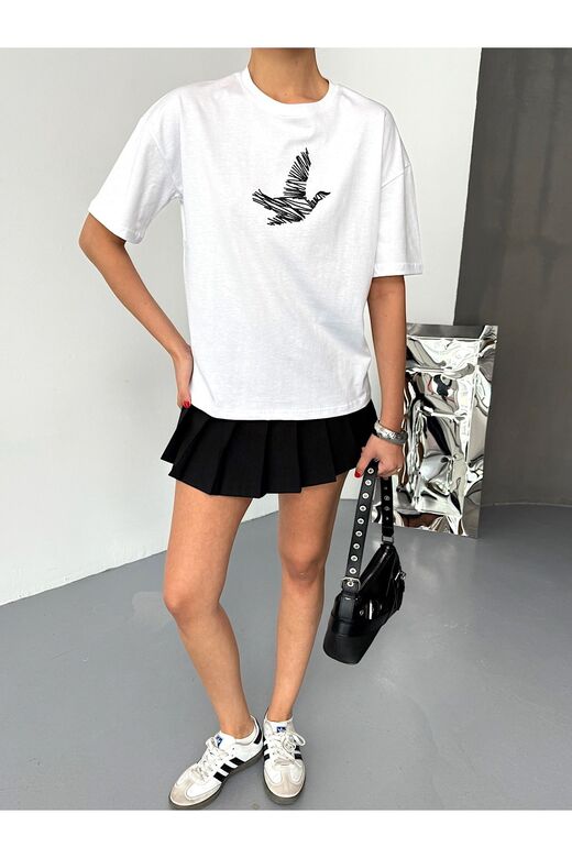 Kuş Detaylı Nakışlı Oversize  Suprem Penye  T-Shirt