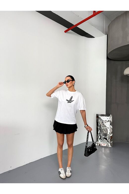 Kuş Detaylı Nakışlı Oversize  Suprem Penye  T-Shirt