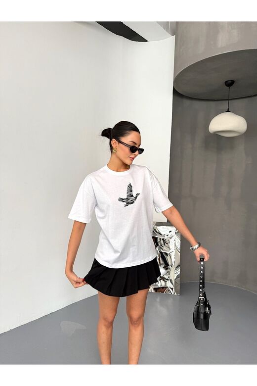 Kuş Detaylı Nakışlı Oversize  Suprem Penye  T-Shirt