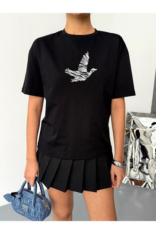 Kuş Detaylı Nakışlı Oversize  Suprem Penye  T-Shirt