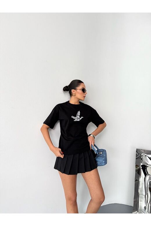 Kuş Detaylı Nakışlı Oversize  Suprem Penye  T-Shirt