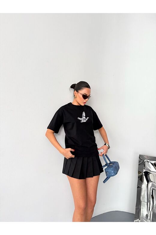 Kuş Detaylı Nakışlı Oversize  Suprem Penye  T-Shirt