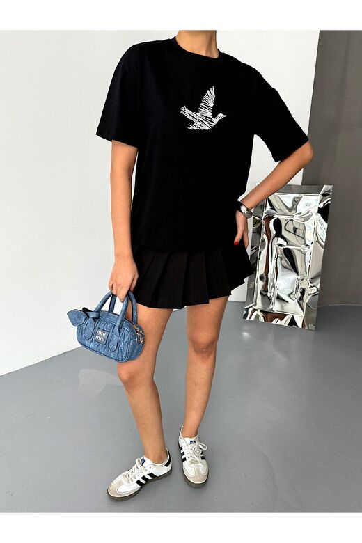 Kuş Detaylı Nakışlı Oversize  Suprem Penye  T-Shirt