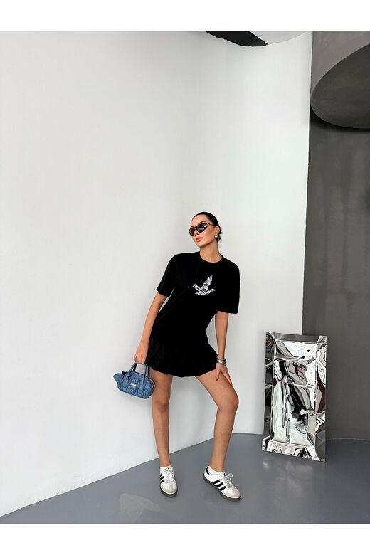 Kuş Detaylı Nakışlı Oversize  Suprem Penye  T-Shirt