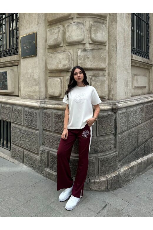 Gül Nakışlı Garnili Şerit Detaylı Modal Kumaş Eşofman Takım