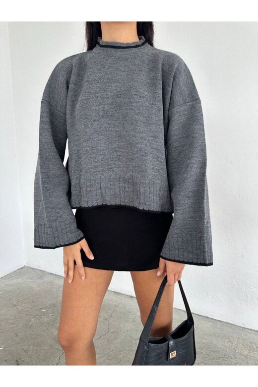 Oversize Bisiklet Yaka Şerit Detaylı Triko Kazak